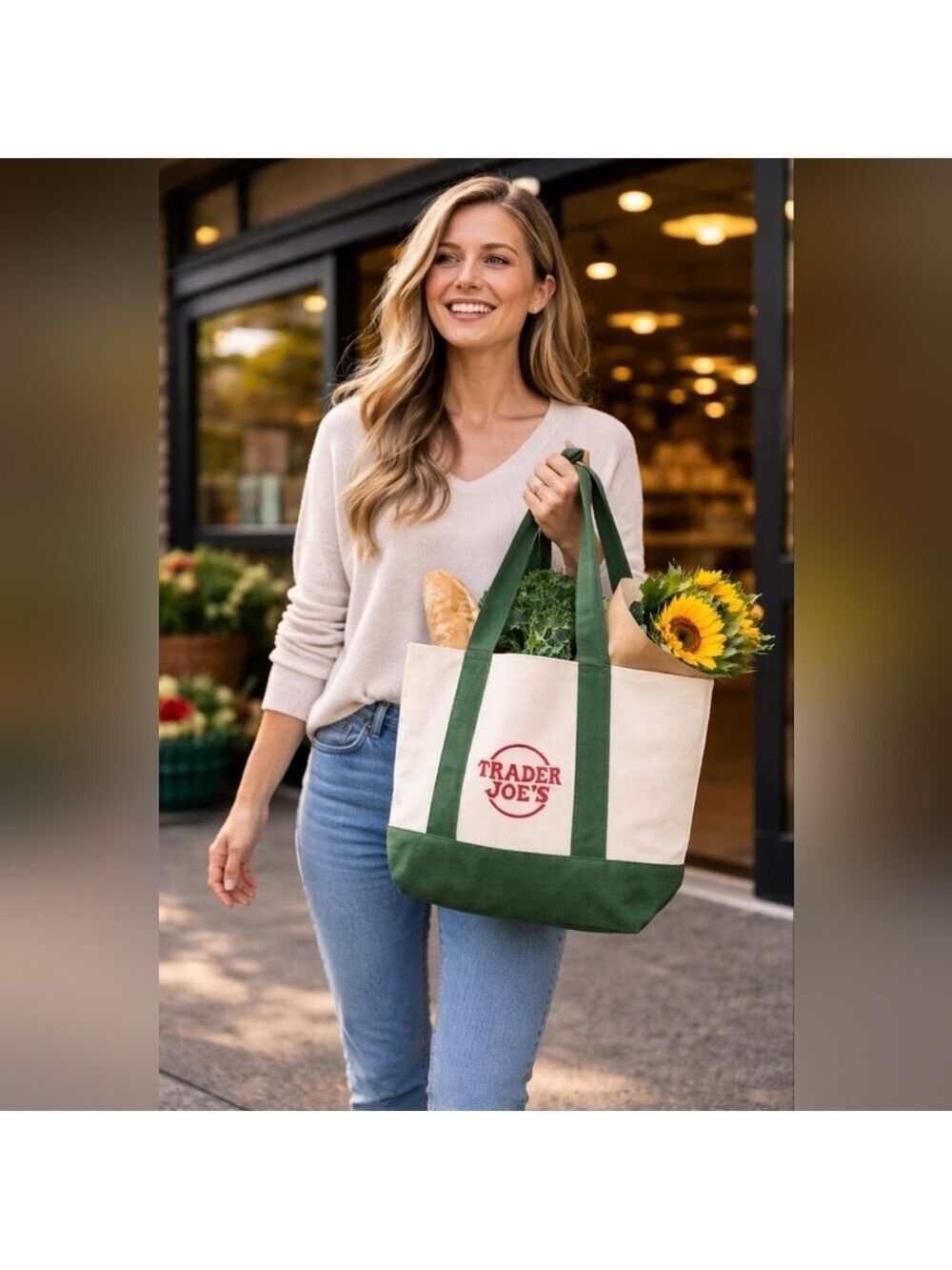 Trader Joe’s Mini Canvas Tote Bag Green Natural Reusable Grocery Bag NWT - Picture 1 of 6